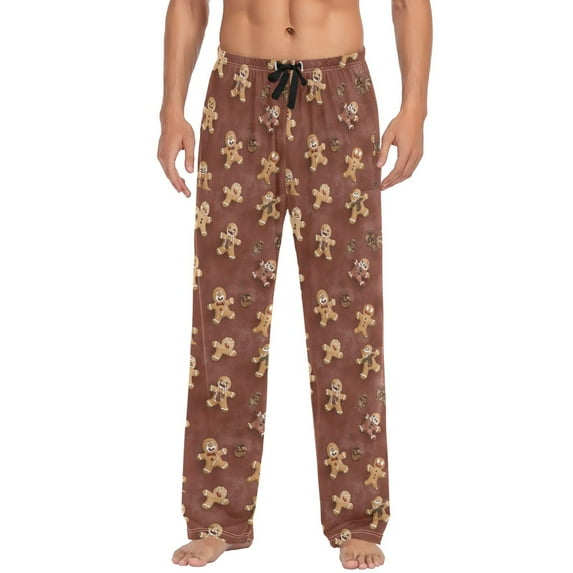 Men's Lightweight Pajama Bottoms Gingerbread Man Repeat Pattern Stretch Elastic Waist Side Pockets Spring Fall