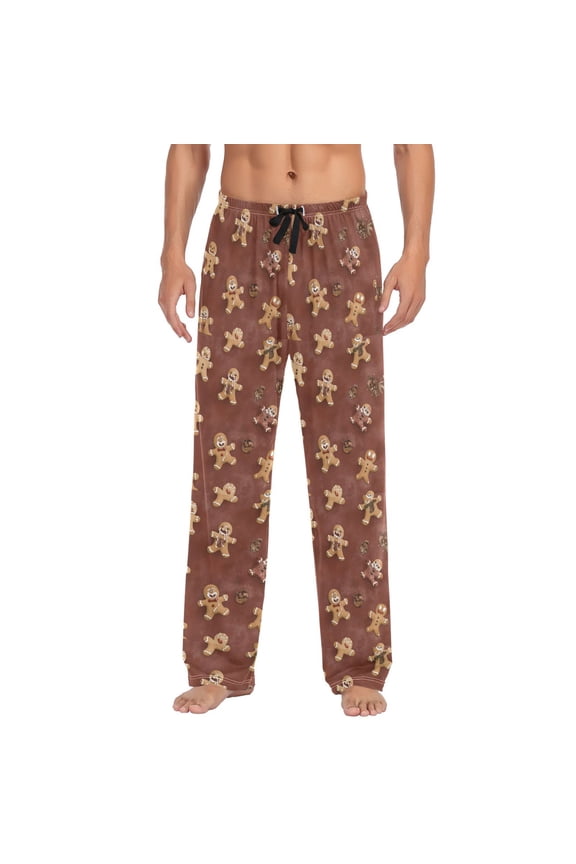 Men's Lightweight Pajama Bottoms Gingerbread Man Repeat Pattern Stretch Elastic Waist Side Pockets Spring Fall