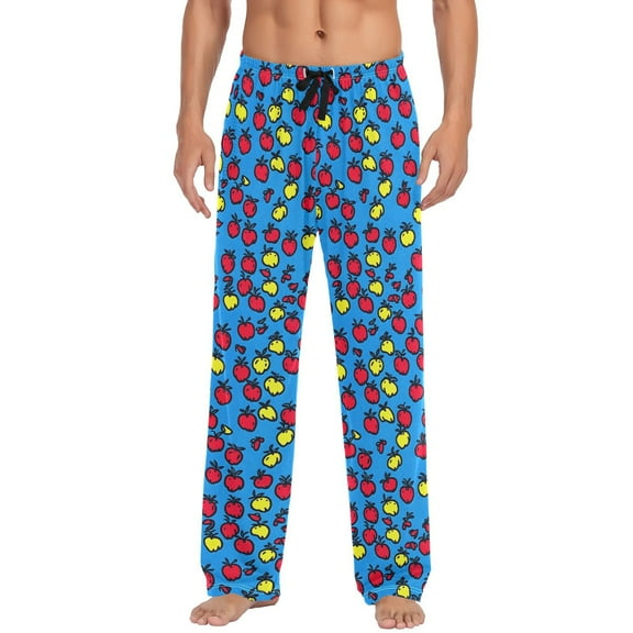 Men's Lightweight Pajama Bottoms Hand Drawn Apples Pattern Stretch Elastic Waist Side Pockets Spring Fall