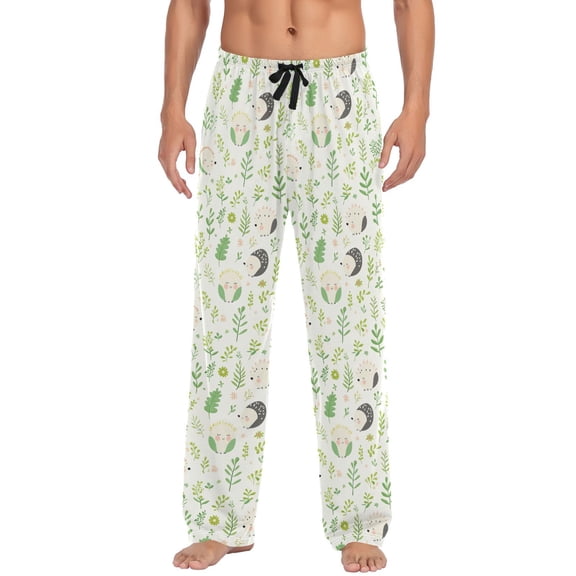 Men's Lightweight Pajama Bottoms Hand Drawn Hedgehog Pattern Stretch Elastic Waist Side Pockets Spring Fall