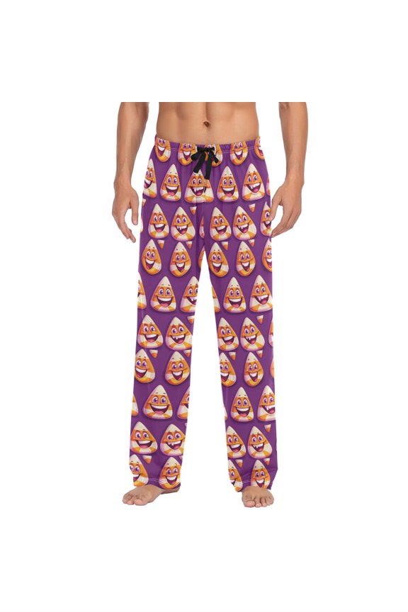Men's Lightweight Pajama Bottoms Happy Candy Pattern Stretch Elastic Waist Side Pockets Spring Fall