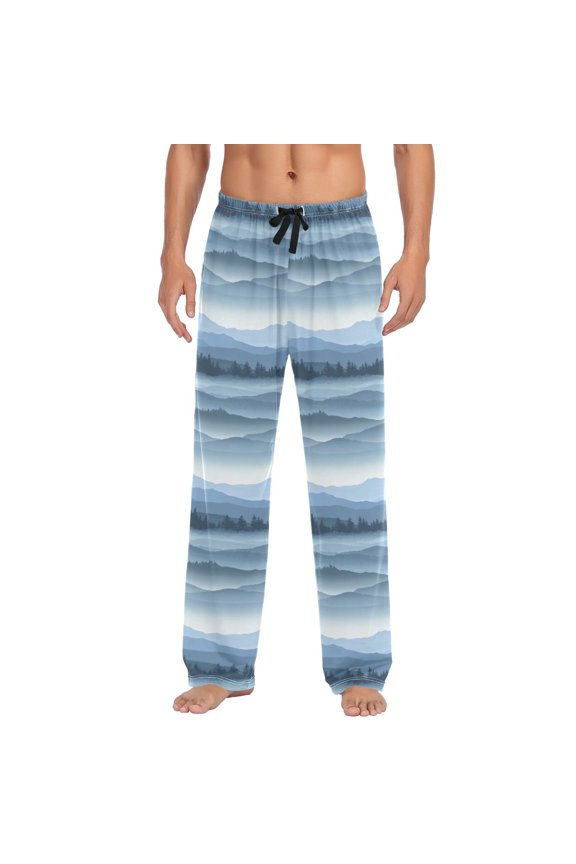 Men's Lightweight Pajama Bottoms Layered Blue Mountain Landscape Stretch Elastic Waist Side Pockets Spring Fall