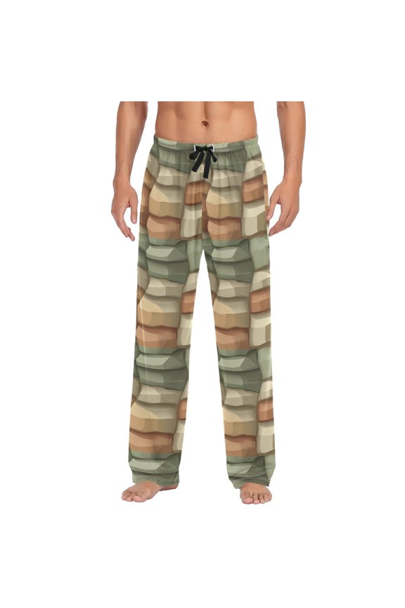 Men's Lightweight Pajama Bottoms Layered Rock Formation Stretch Elastic Waist Side Pockets Spring Fall