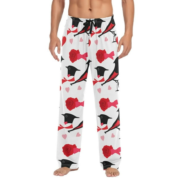 Men's Lightweight Pajama Bottoms Love Birds and Hearts Stretch Elastic Waist Side Pockets Spring Fall