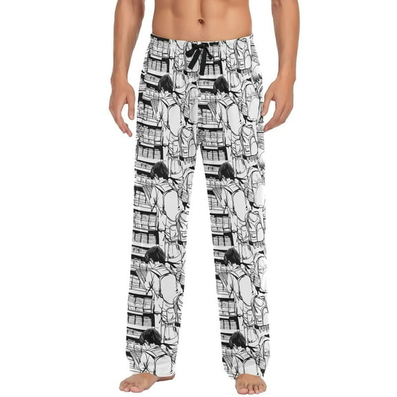 Men's Lightweight Pajama Bottoms Manga Style Bookstore Stretch Elastic Waist Side Pockets Spring Fall