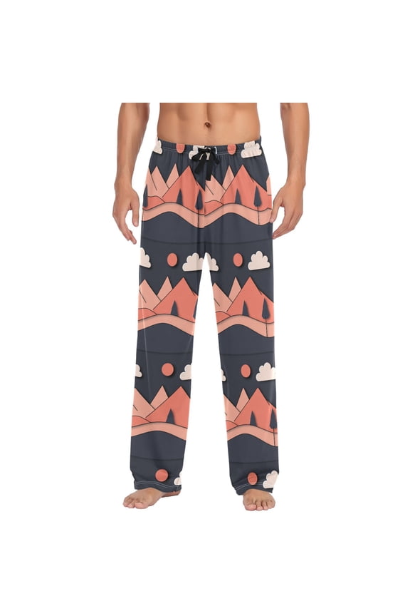 Men's Lightweight Pajama Bottoms Minimalist Mountain Landscape Stretch Elastic Waist Side Pockets Spring Fall