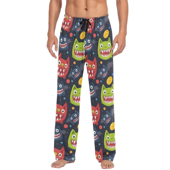 Men's Lightweight Pajama Bottoms Monster Pattern Design Stretch Elastic Waist Side Pockets Spring Fall