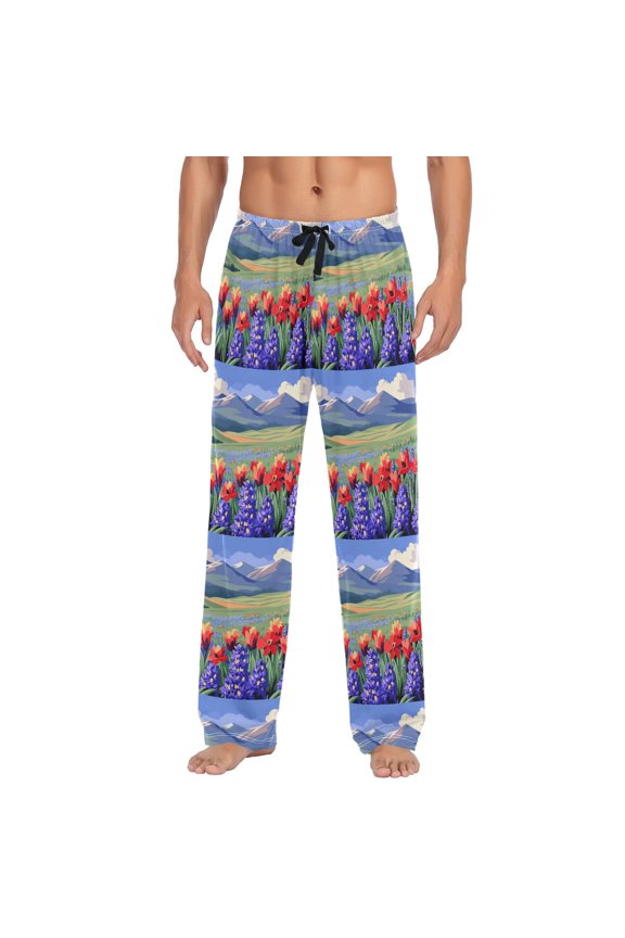 Men's Lightweight Pajama Bottoms Mountain Meadow Scene Stretch Elastic Waist Side Pockets Spring Fall