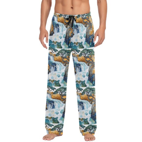 Men's Lightweight Pajama Bottoms Mountain Streams Stretch Elastic Waist Side Pockets Spring Fall