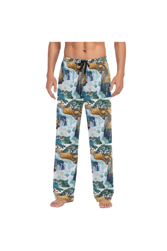 Men's Lightweight Pajama Bottoms Mountain Streams Stretch Elastic Waist Side Pockets Spring Fall