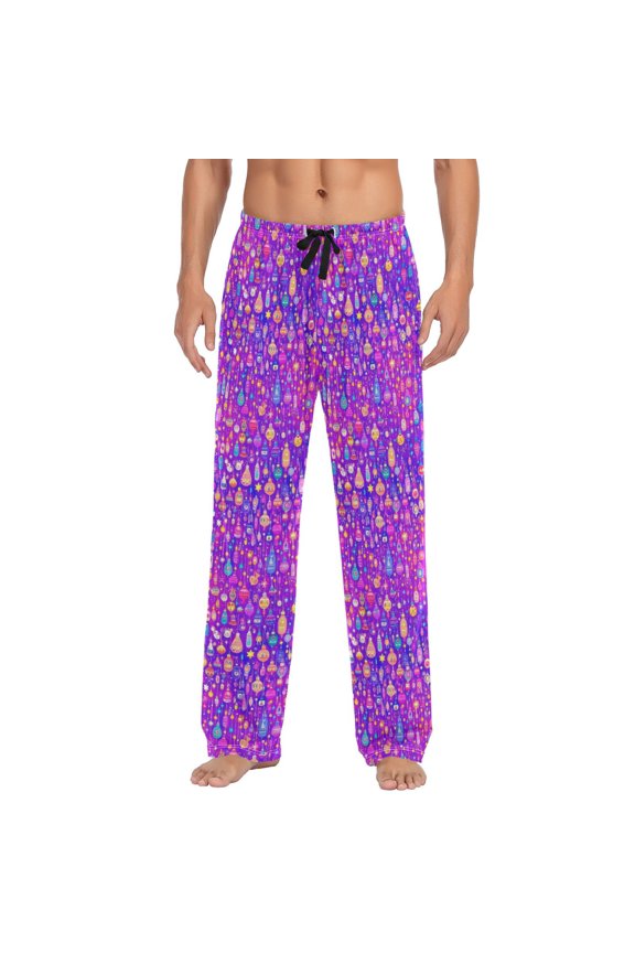 Men's Lightweight Pajama Bottoms Neon Lanterns Pattern Stretch Elastic Waist Side Pockets Spring Fall