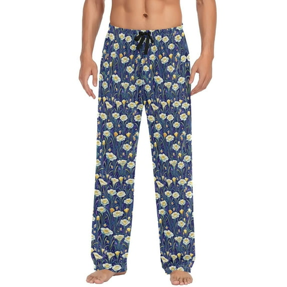 Men's Lightweight Pajama Bottoms Purple Poppy Pattern Stretch Elastic Waist Side Pockets Spring Fall