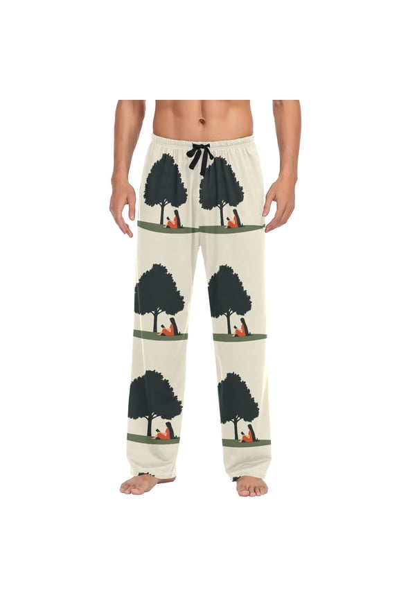 Men's Lightweight Pajama Bottoms Reading under The Tree Stretch Elastic Waist Side Pockets Spring Fall