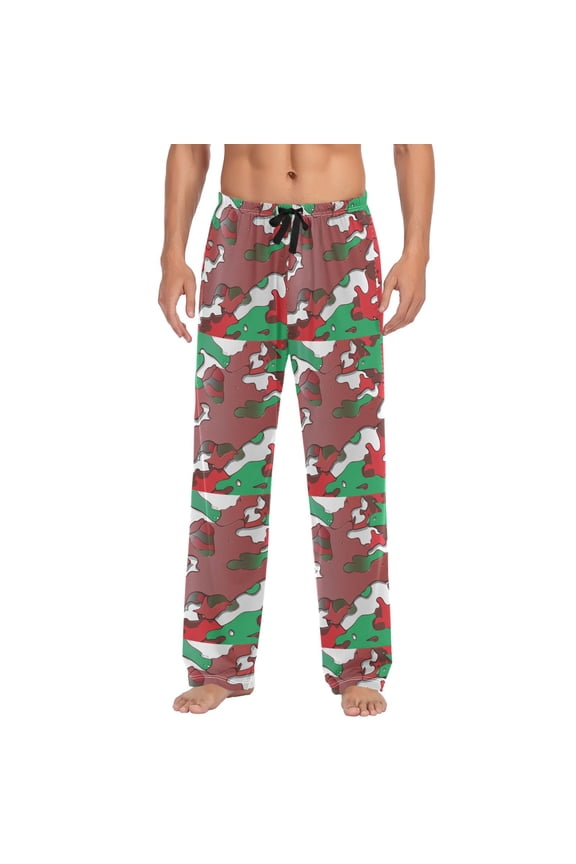 Men's Lightweight Pajama Bottoms Red Green Camouflage Stretch Elastic Waist Side Pockets Spring Fall