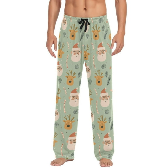 Men's Lightweight Pajama Bottoms Santa and Reindeer Pattern Stretch Elastic Waist Side Pockets Spring Fall