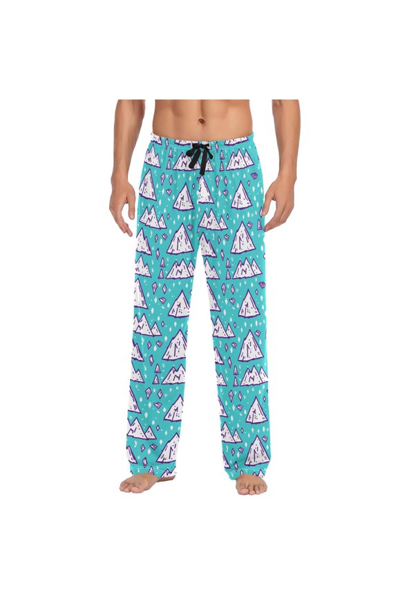 Men's Lightweight Pajama Bottoms Snow Mountain Pattern Stretch Elastic Waist Side Pockets Spring Fall