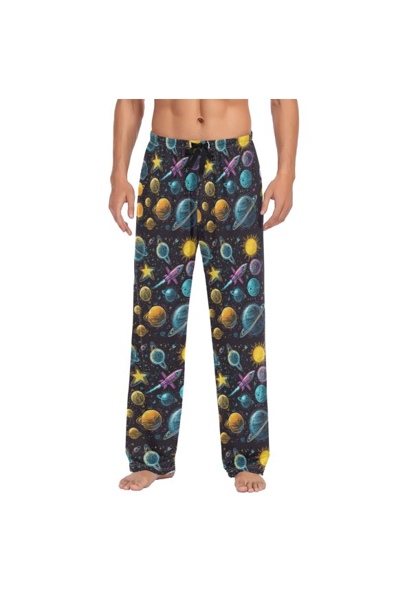 Men's Lightweight Pajama Bottoms Space Rocket Stretch Elastic Waist Side Pockets Spring Fall