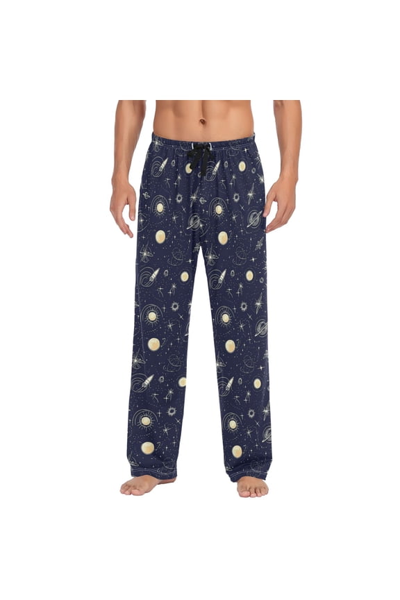 Men's Lightweight Pajama Bottoms Space Themed Pattern Stretch Elastic Waist Side Pockets Spring Fall