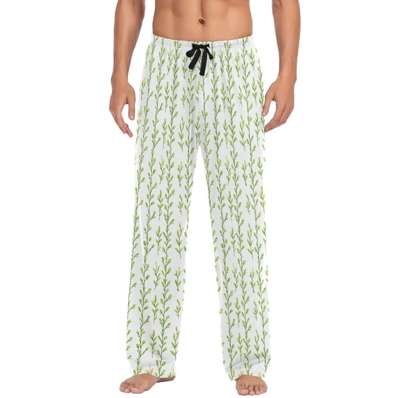 Men's Lightweight Pajama Bottoms Vertical Green Sprigs Stretch Elastic Waist Side Pockets Spring Fall