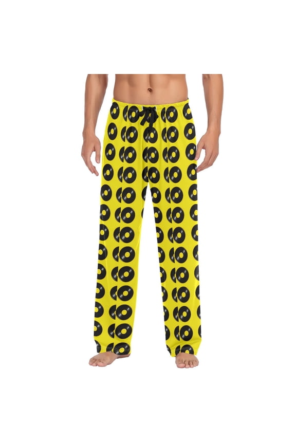 Men's Lightweight Pajama Bottoms Vinyl Records Pattern on Yellow Stretch Elastic Waist Side Pockets Spring Fall