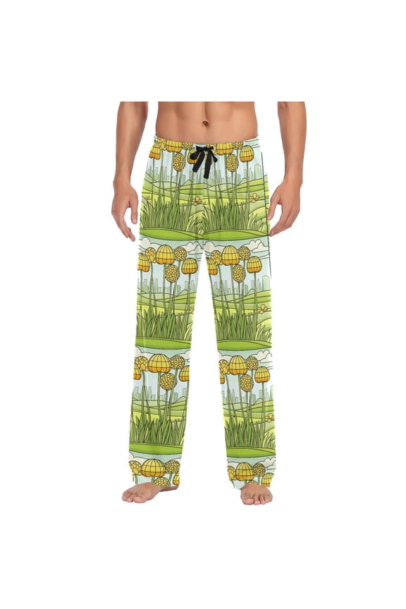Men's Lightweight Pajama Bottoms Yellow Dandelion Drawing Stretch Elastic Waist Side Pockets Spring Fall