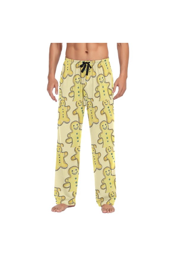 Men's Lightweight Pajama Bottoms Yellow Gingerbread Man Stretch Elastic Waist Side Pockets Spring Fall