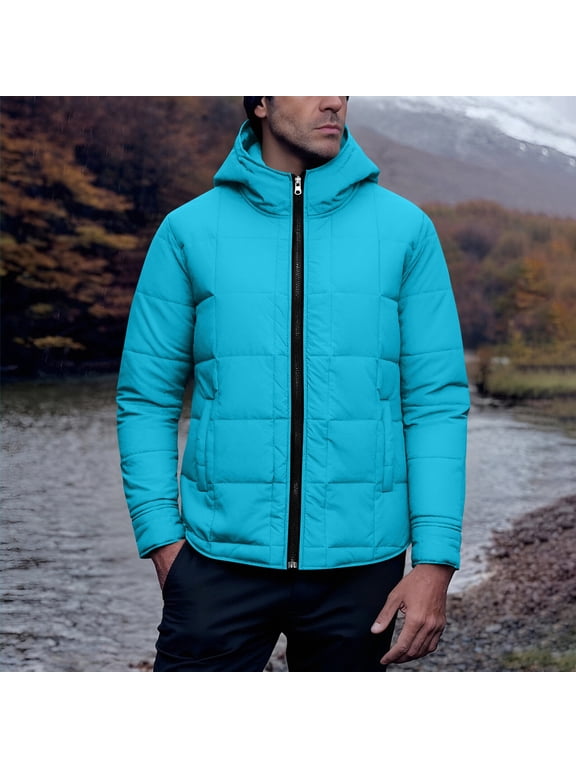 Men's Lightweight Puffer Jacket Hooded Waterproof down Coat Winter Warm Quilted Outerwear for Snow Ski Travel New Winter Jackets for Men Lightweight Sky Blue L