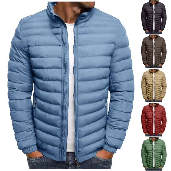 Men's Lightweight Puffer Jacket Plus Size Windproof Solid Color Long Sleeve Full Zipper Padded Jacket Warm Coat Winter Jackets for Men Gray XXL