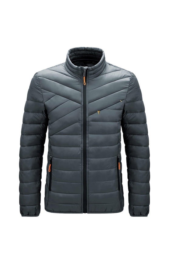 Men's Lightweight Puffer Jacket Solid Color Detachable Cap Zipper Warm Coat Long Sleeve Parkas