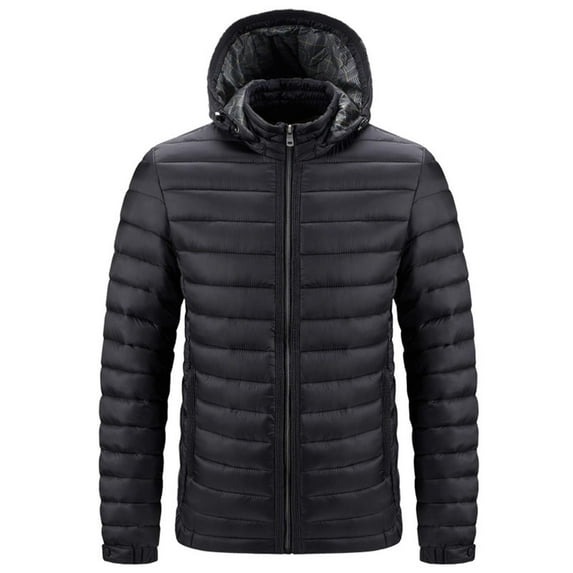 Men's Lightweight Puffer Jacket Solid Color Detachable Cap Zipper Warm Coat Long Sleeve Parkas