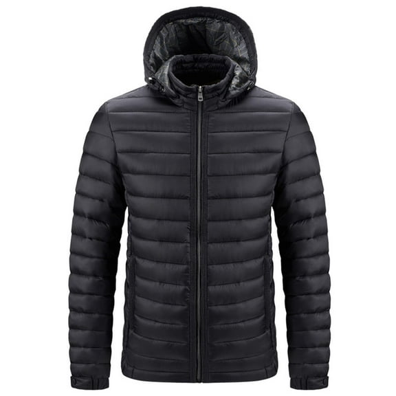 Men's Lightweight Puffer Jacket Solid Color Detachable Cap Zipper Warm Coat Long Sleeve Parkas