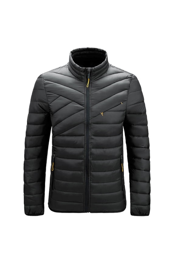 Men's Lightweight Puffer Jacket Solid Color Detachable Cap Zipper Warm Coat Long Sleeve Parkas
