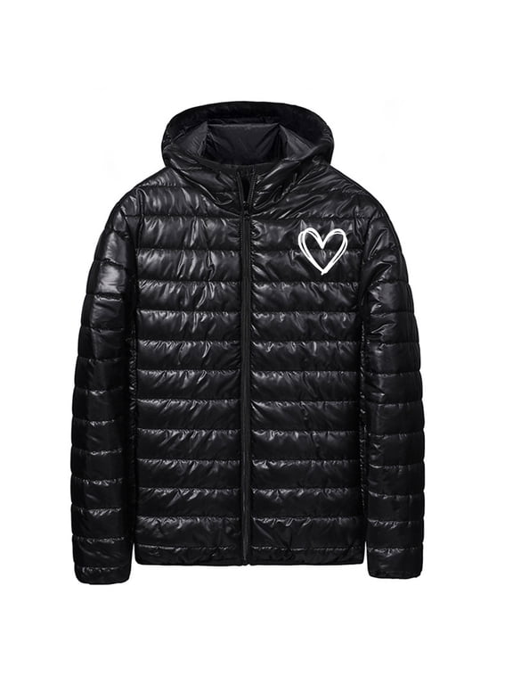 Men's Lightweight Puffer Jacket with Hood Pockets Long Sleeve Zip Up Warm Cotton Hooded Down Coat Winter Outerwear (M, Black)