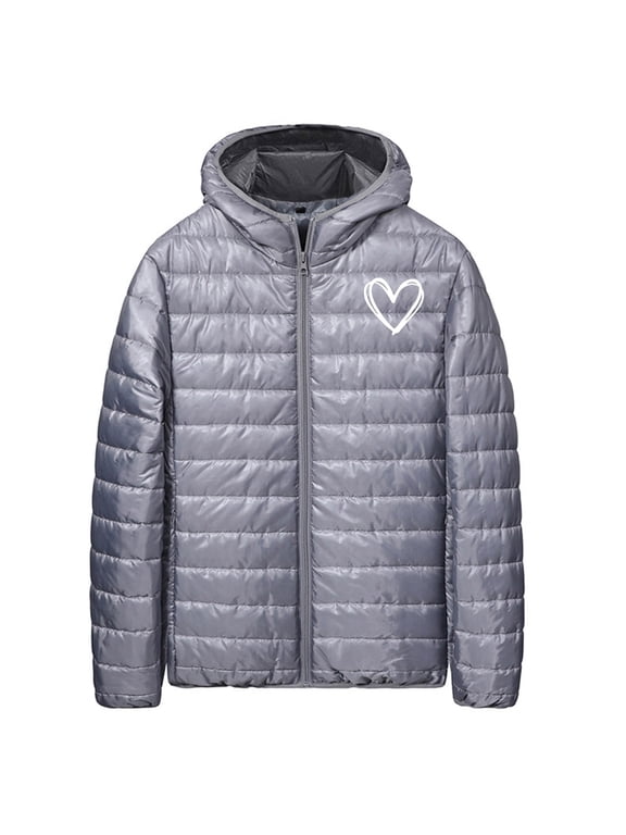 Men's Lightweight Puffer Jacket with Hood Pockets Long Sleeve Zip Up Warm Cotton Hooded Down Coat Winter Outerwear (M, Gray)