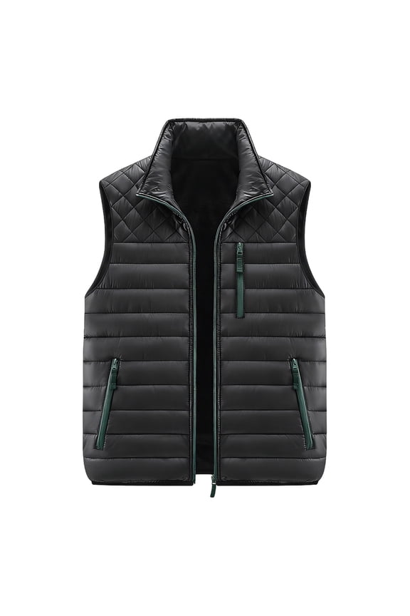 Men's Lightweight Puffer Vest Quilted Sleeveless Down Vest Stand Collar Solid Down Jacket Winter Warm Casual Zip Up Streetwear for Work Travel Outdoor,Black L