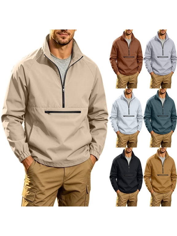 Men's Lightweight Quarter Zip Stand Up Collar Pullover Windbreaker for Golf, Hiking, and Running Wind Breaker Jackets with Zipper Pocket Size 3XL Khaki
