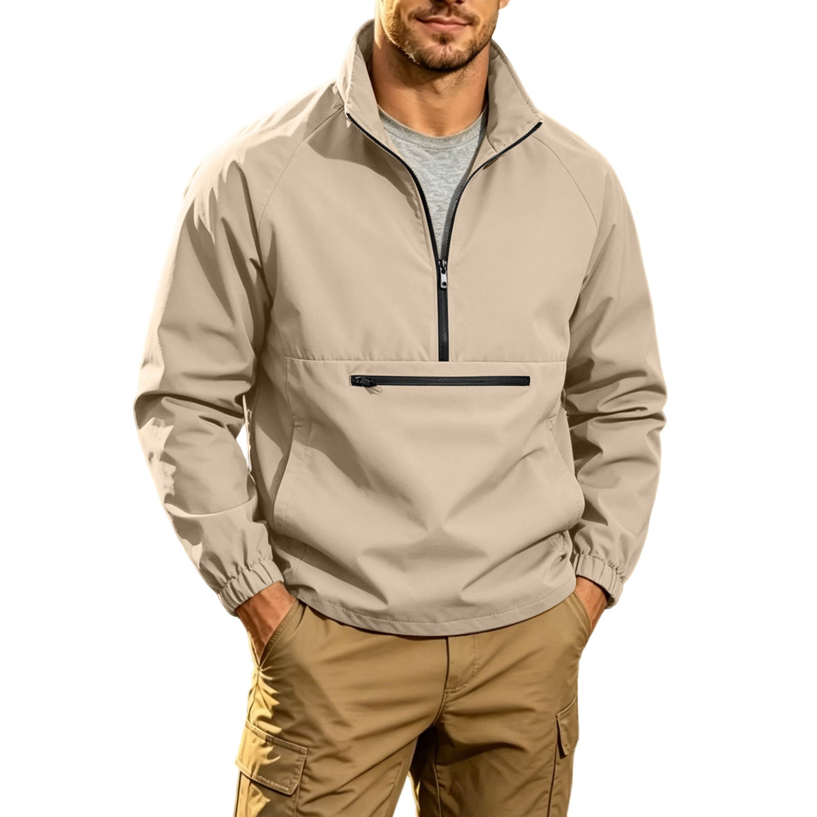 BRIEFING WIND & RAIN PULLOVER（BEIGE／M） Men's Lightweight Quarter Zip Stand Up Collar Pullover Windbreaker