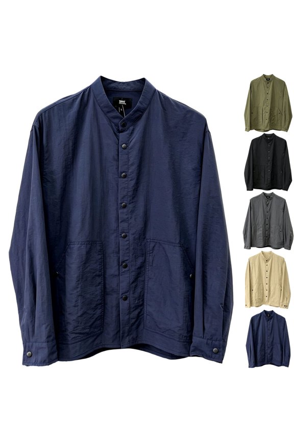 Men's Lightweight Quick Dry Long Sleeve Shacket Snap Button Down Mandarin Collar Tech Shirt Jacket with Utility Pockets for Hiking Travel Fall, Navy, XL
