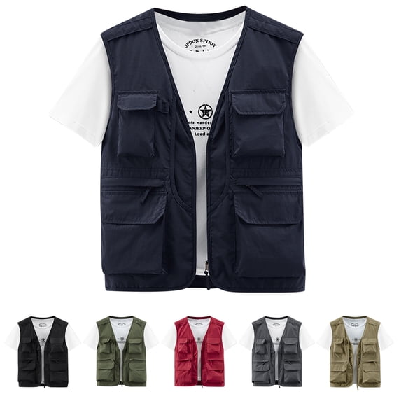Men's Lightweight Quick Dry Utility Vest, Loose Fit Multi Pocket Sleeveless Jacket, Breathable Thin Outdoor Sport Waistcoat for Hiking, Fishing and Casual Wear, Big and Tall Size M-6XL Red