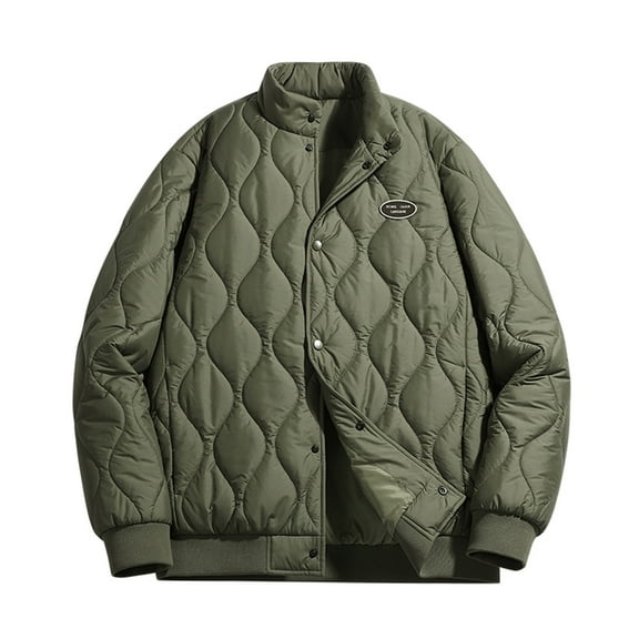 Men's Lightweight Quilted Bomber Jacket Oversized Long Sleeve Button Up Down Jackets Coats Classic Solid Stand Collar Drop Shoulder Winter Coat Outwear