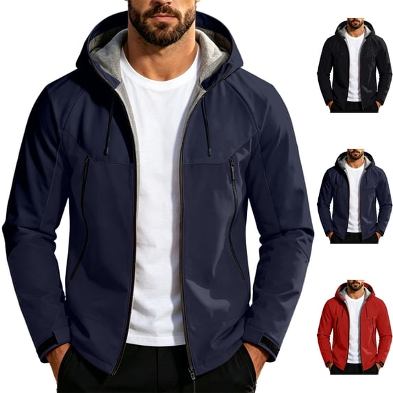 Men's Lightweight Raincoat Thicken Fleece Lined Softshell Jacket Waterproof Warm Windbreaker with Zip Pockets for Hiking Camping Outdoor, Navy, XXL