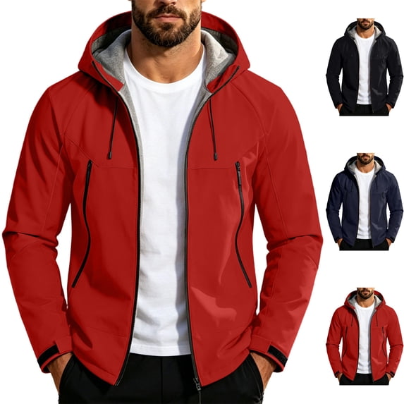 Men's Lightweight Raincoat Thicken Fleece Lined Softshell Jacket Waterproof Warm Windbreaker with Zip Pockets for Hiking Camping Outdoor, Red, M