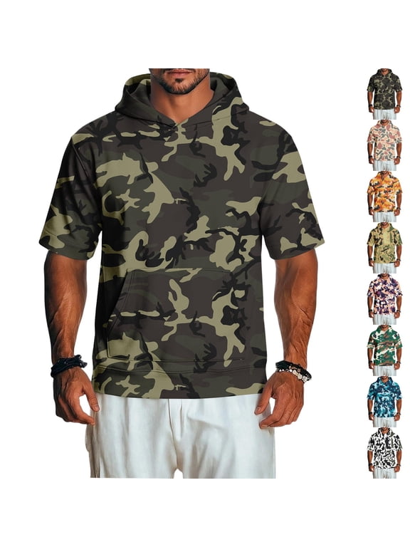 Men's Lightweight Short Sleeve Hoodie Traditional Camo Pattern Front Kangaroo Pocket Leisure Top