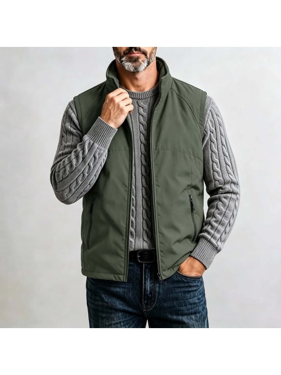 Men's Lightweight Softshell Vest Stand Collar Full Zip Sleeveless Warm Winter Casual Outerwear with Pockets