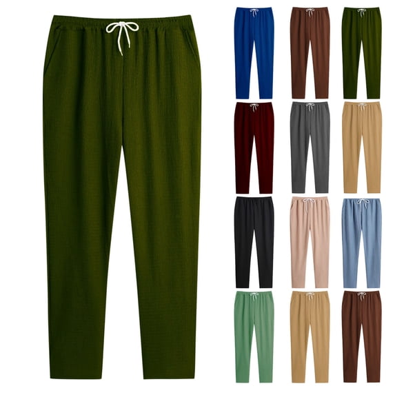 Men's Lightweight Straight Leg Casual Pants, Elastic Waist Drawstring Loose Fit Wrinkle Fabric Solid Color Trousers with Side Pockets for Travel Daily Wear