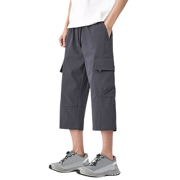 Men's Lightweight Summer Cargo Capri Pants Elastic Waist Casual Workout Outdoor Travel Trousers with Multiple Pockets