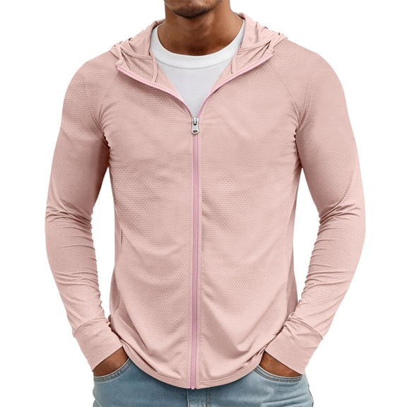 Men's Lightweight Sun Protection Hoodie Jackets for Men Zip Up Long Sleeve Breathable Outdoor Shirt, UPF Fishing Hiking Cycling Travel Top Pink 2XL