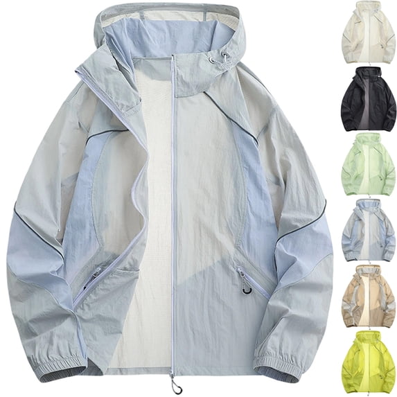 Men's Lightweight Sun Protection Windbreaker Fishing Jacket Active Stretch Hooded Shell Full Zip with Pockets for Hiking Travel Outdoor, Gray, XXXL