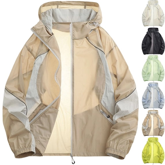 Men's Lightweight Sun Protection Windbreaker Fishing Jacket Active Stretch Hooded Shell Full Zip with Pockets for Hiking Travel Outdoor, Khaki, XL