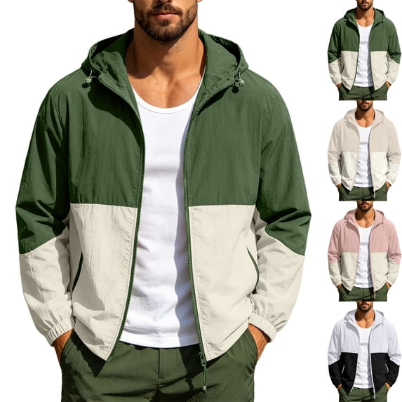 Men's Lightweight Sun Protection Windbreaker Hooded Athletic Color Block Running Shell Jacket Coat with Zipper Pockets for Hiking Running, Army Green, S